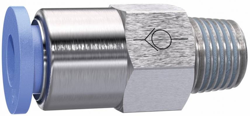 Supapa de sens push-in 8 mm cu filet exterior conic R 1/8 etansat cu PTFE , sens furtun - filet