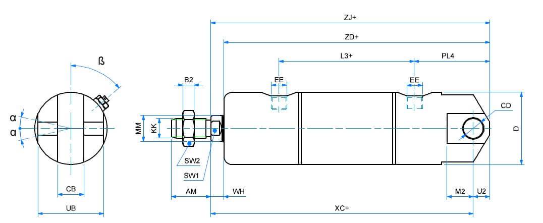 Cilindru rotund din INOX, dubla actiune, magnetic, cu amortizare si articulatie mama, Ø 32 mm, cursa 50 mm