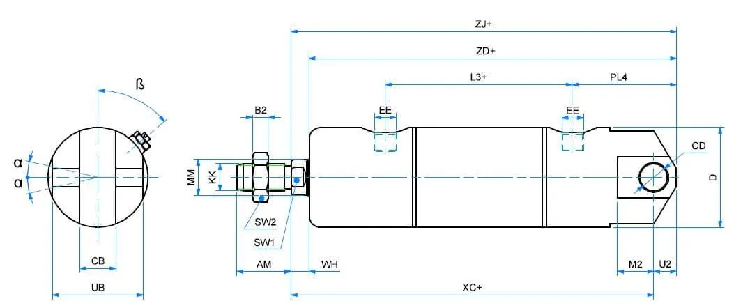 Cilindri rotunzi din INOX, dubla actiune, magnetic, cu amortizare si articulatie mama