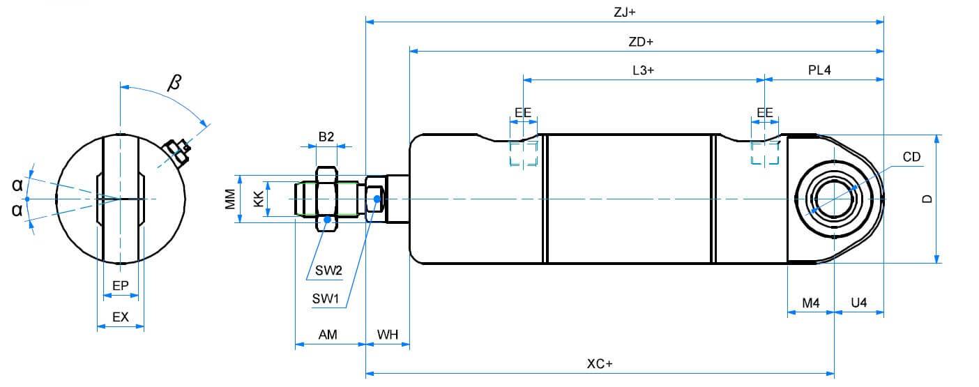 Cilindri rotunzi din INOX, dubla actiune, magnetic, cu amortizare si articulatie tata cu bila