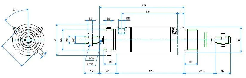 Cilindri rotunzi din INOX, dubla actiune, magnetic, cu amortizare si capete filetate