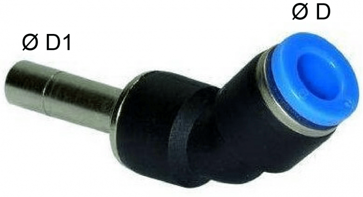 Cupla L 45° push-in 6mm cu adaptor 6mm, POM/alama