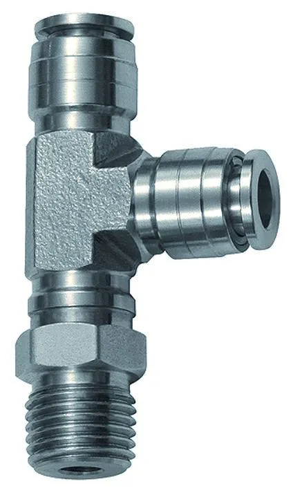 Cupla L-T push-in, rotativa, cu filet conic exterior etansat cu PTFE, seria Inox