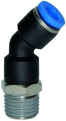 Cupla L 45° push-in cu filet conic exterior etansat cu PTFE, seria standard