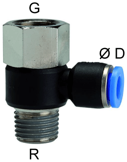 Cupla L rotativa cu 1 conexiune push-in 6mm si filet int. G 3/8&QUOT; / ext. R 3/8&QUOT;, POM/alama