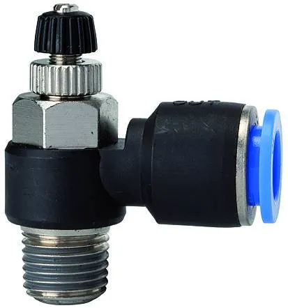 Drosel cu filet exterior conic si cupla push-in, reglaj cu surub, droselizare filet - furtun