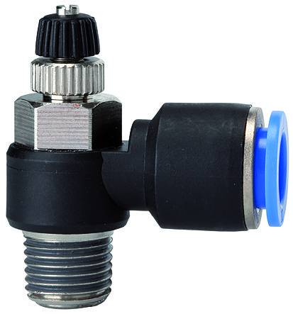 Drosel cu filet exterior conic si cupla push-in, reglaj cu surub, droselizare furtun - filet