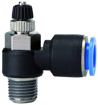 Drosel cu filet exterior conic si cupla push-in, reglaj cu surub, droselizare furtun - filet