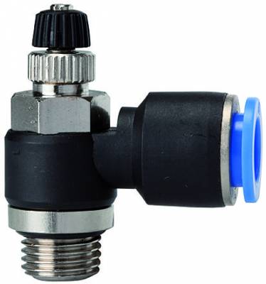 Drosel cu filet exterior M5 si cupla push-in 6 mm, reglaj cu surub, droselizare furtun - filet