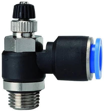 Drosel cu filet exterior cilindric si cupla push-in, reglaj cu surub, droselizare furtun - filet