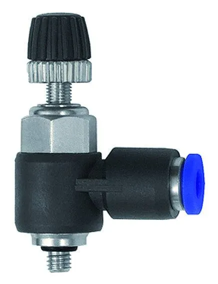 Mini drosel cu filet cilindric exterior si cupla push-in, reglaj cu surub, droselizare furtun - filet
