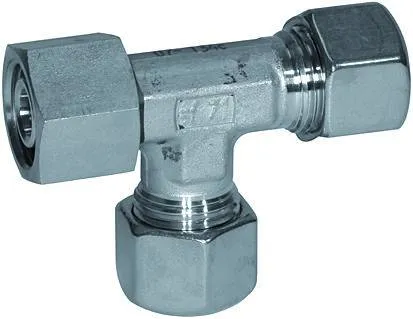 Fiting T cu 2 conexiuni tip inel taietor si 1 cu strangere reglabila, etansare conica, din inox 1.4571