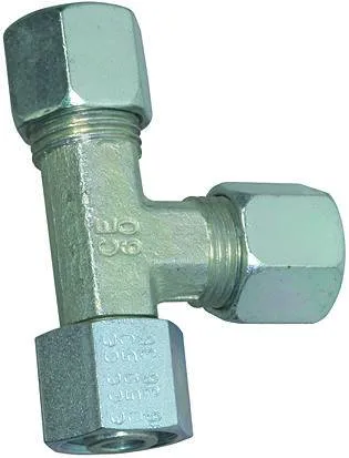Fiting T cu 2 conexiuni tip inel taietor si 1 cu strangere reglabila, etansare conica, din otel galvanizat