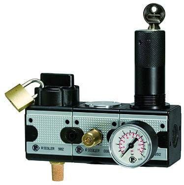 SAFETY service unit set, comprising a ball valve with silencer, start-up valve and pressure regulator with lock cylinder, Multifix series