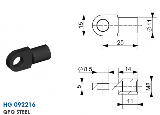Ochi cu filet M8, Ø 8,5 mm, L=25 mm, grosime 5 mm, otel QPQ