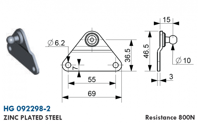 Suport plat cu bila 10 mm, gauri prindere 6,2 mm, L = 69 mm, otel zincat