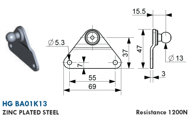 Suport plat cu bila 13 mm, gauri prindere 5,3 mm, L = 69 mm, otel zincat