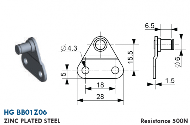 Suport plat cu axa 6 mm, otel zincat