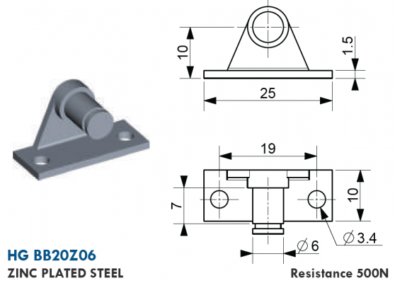 Suport tip L cu axa 6 mm, gauri prindere 3,4 mm, otel zincat