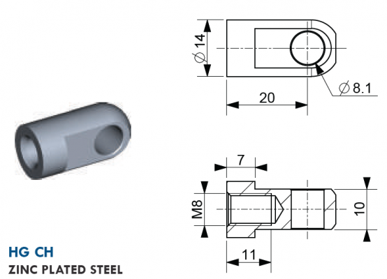 Ochi cu filet M8, Ø 8,1 mm, L=20 mm, grosime 10 mm, otel zincat