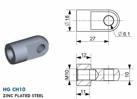 Ochi cu filet M10, Ø 8,1 mm, L=27 mm, grosime 10 mm, otel zincat