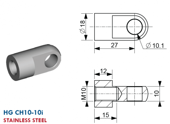 Ochi cu filet M10, Ø 10,1 mm, L=27 mm, grosime 10 mm, inox