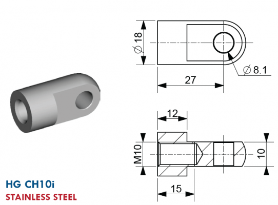 Ochi cu filet M10, Ø 8,1 mm, L=27 mm, grosime 10 mm, inox