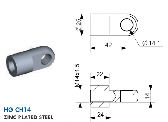 Ochi cu filet M14, Ø 14,1 mm, L=42 mm, grosime 14 mm, otel zincat