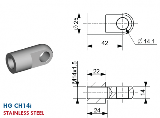 Ochi cu filet M14, Ø 14,1 mm, L=42 mm, grosime 14 mm, inox