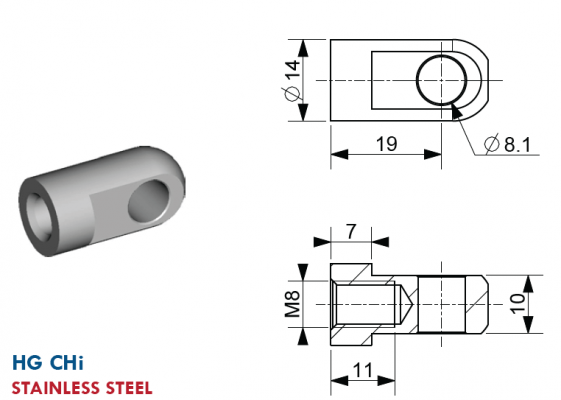 Ochi cu filet M8, Ø 8,1 mm, L=19 mm, grosime 10 mm, inox