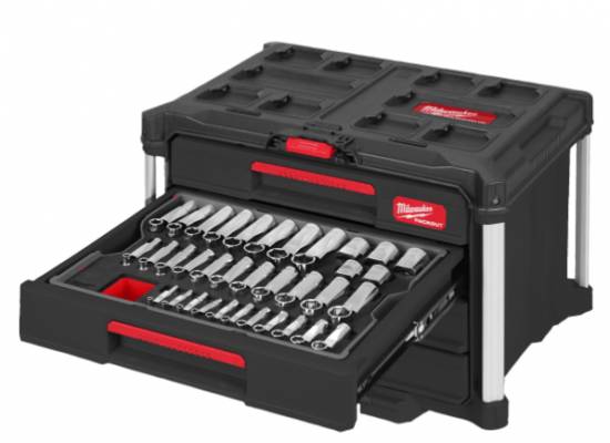 Set PACKOUT echipat cu antrenoare cu clichet si chei tubulare cu prindere de 1/4″, 3/8″ si 1/2″, 244 de piese - Milwaukee