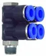 Ramificator L push-in cu 4 iesiri, cap hexagonal, filet conic exterior si O-ring, seria standard