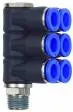 Ramificator L push-in cu 6 iesiri, cap hexagonal, filet conic exterior si O-ring, seria standard