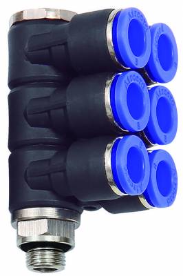 Ramificator L push-in cu 6 iesiri, cap hexagonal, filet cilindric exterior si O-ring, seria standard