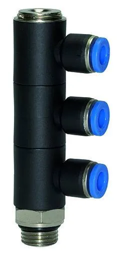 Ramificator L push-in cu 3 iesiri, cap hexagonal, filet cilindric exterior si O-ring, seria standard