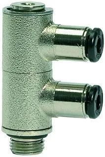 Ramificator L push-in cu 2 iesiri, filet exterior cilindric si O-Ring, seria click-clock