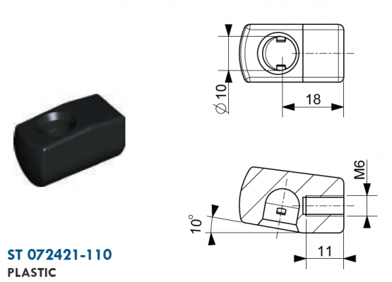 Mufa cu bila filet M6, bila 10 mm, L=18 mm, plastic