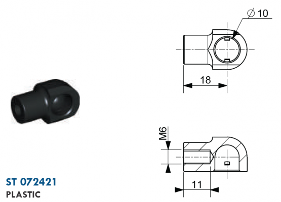 Mufa cu bila filet M6, bila 10 mm, L=18 mm, plastic