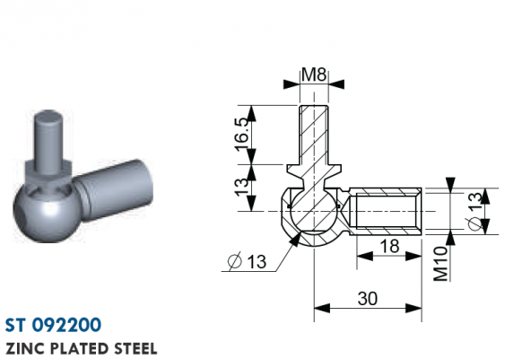 Articulatie cu bila filet mufa M10,  capat bila M8 ext., bila 13 mm, otel zincat