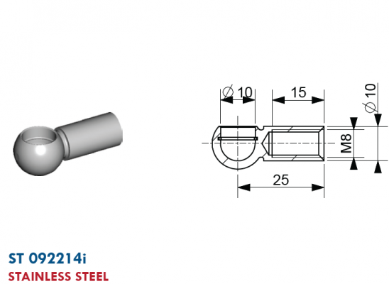Mufa cu bila filet M8, bila 10 mm, L=25 mm, inox