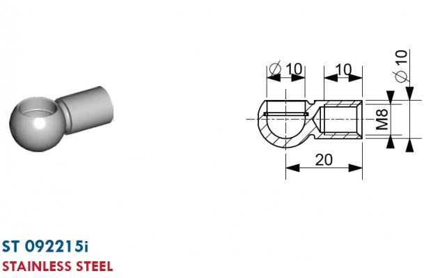Mufa cu bila filet M8, bila 10 mm, L=20 mm, inox