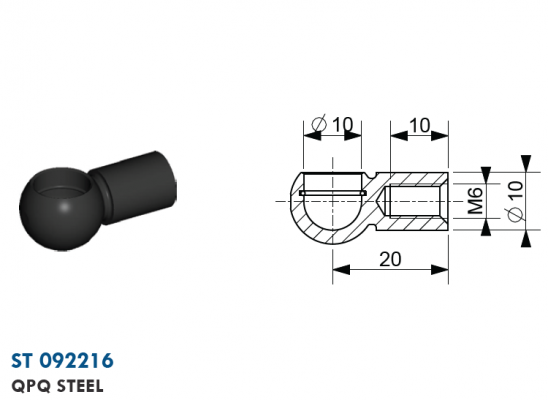 Mufa cu bila filet M6, bila 10 mm, L=20 mm, otel