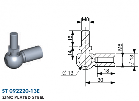 Articulatie cu bila filet mufa M6,  capat bila M8 ext., bila 13 mm, otel zincat