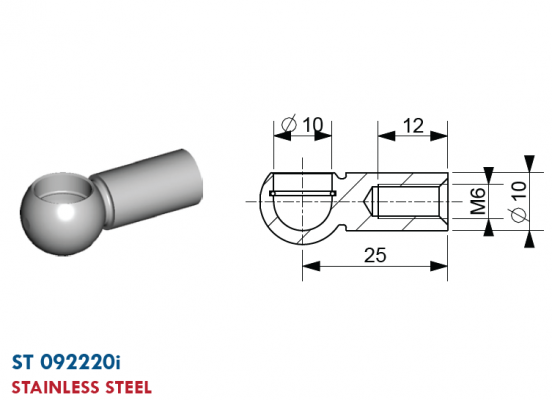 Mufa cu bila filet M6, bila 10 mm, L=25 mm, inox