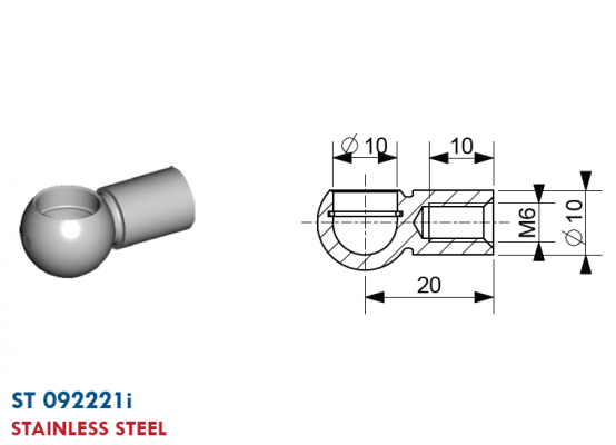 Mufa cu bila filet M6, bila 10 mm, L=20 mm, inox