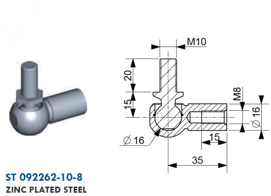 Articulatie cu bila filet mufa M8,  capat bila M10 ext., bila 16 mm, otel zincat