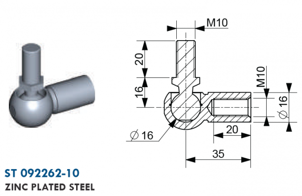 Articulatie cu bila filet mufa M10,  capat bila M10 ext., bila 16 mm, otel zincat