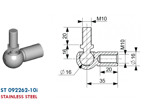 Articulatie cu bila filet mufa M10,  capat bila M10 ext., bila 16 mm, inox