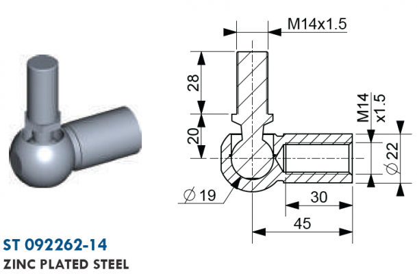 Articulatie cu bila filet mufa M14,  capat bila M14 ext., bila 19 mm, otel zincat