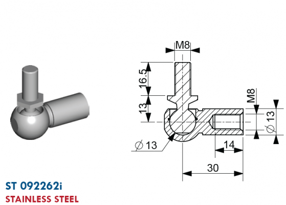 Articulatie cu bila filet mufa M8,  capat bila M8 ext., bila 13 mm, inox